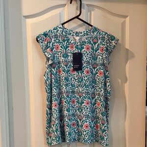 crown & ivy Teal Floral Short Sleeve Knit Top with Pink Accents